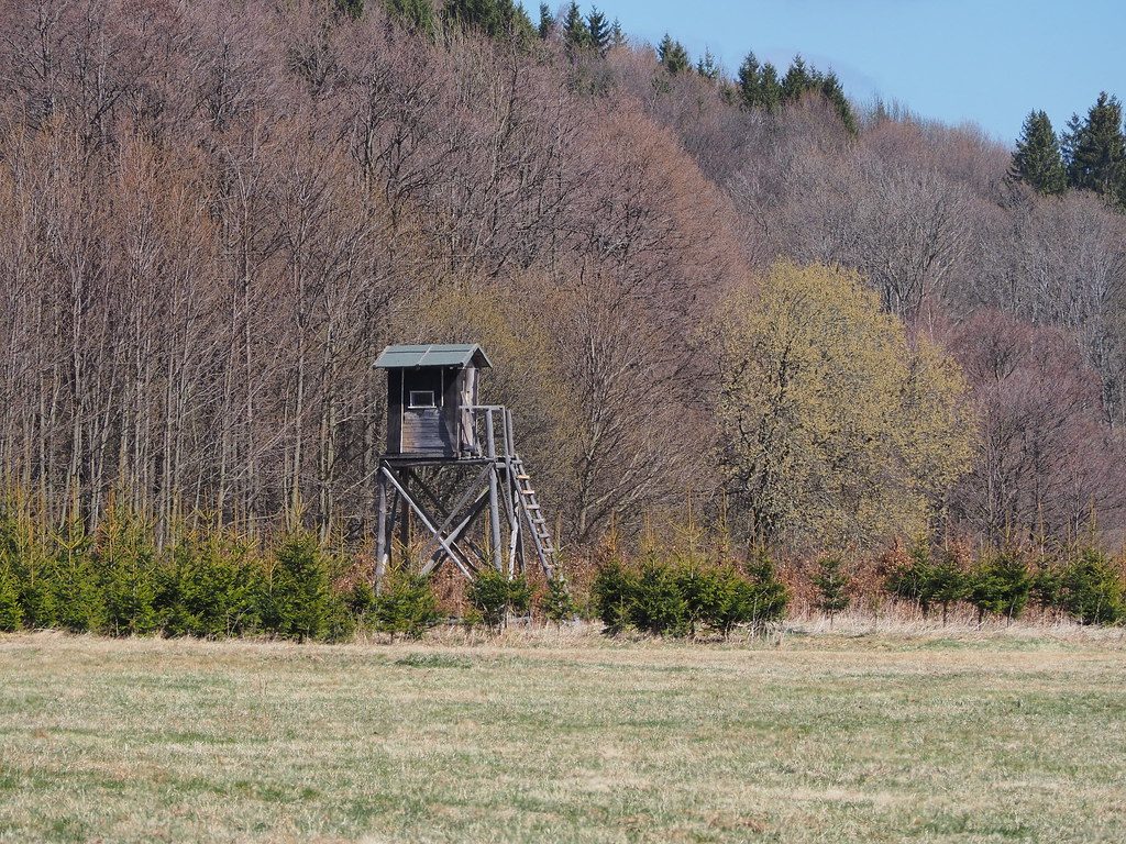 A hunting stand at the edge of a field below a wooded hillside